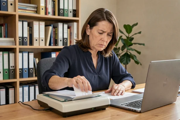Femme en télétravail qui numérise des documents administratifs pour les envoyer à Agirc Arrco depuis son bureau à domicile