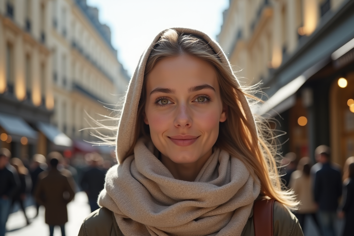 Jeune femme marchant dans Paris avec un voile léger