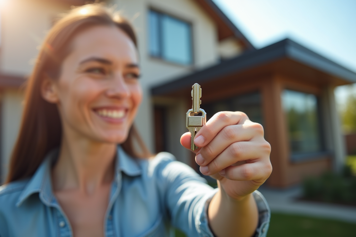 Femme recevant une clé moderne de son partenaire devant une maison