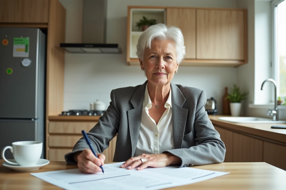 Femme en préretraite rédigeant sa lettre de démission et congés payés à domicile