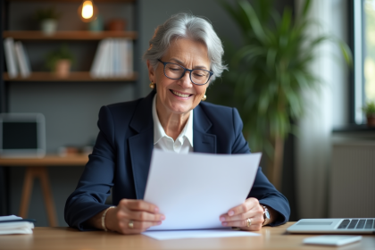 Femme d'environ 60 ans souriante dans un bureau moderne