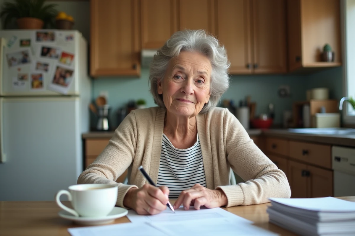 Femme âgée remplissant des formulaires de retraite à la maison