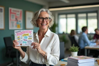 Femme d'&acirc;ge moyen souriante avec carte de retraite dans un bureau