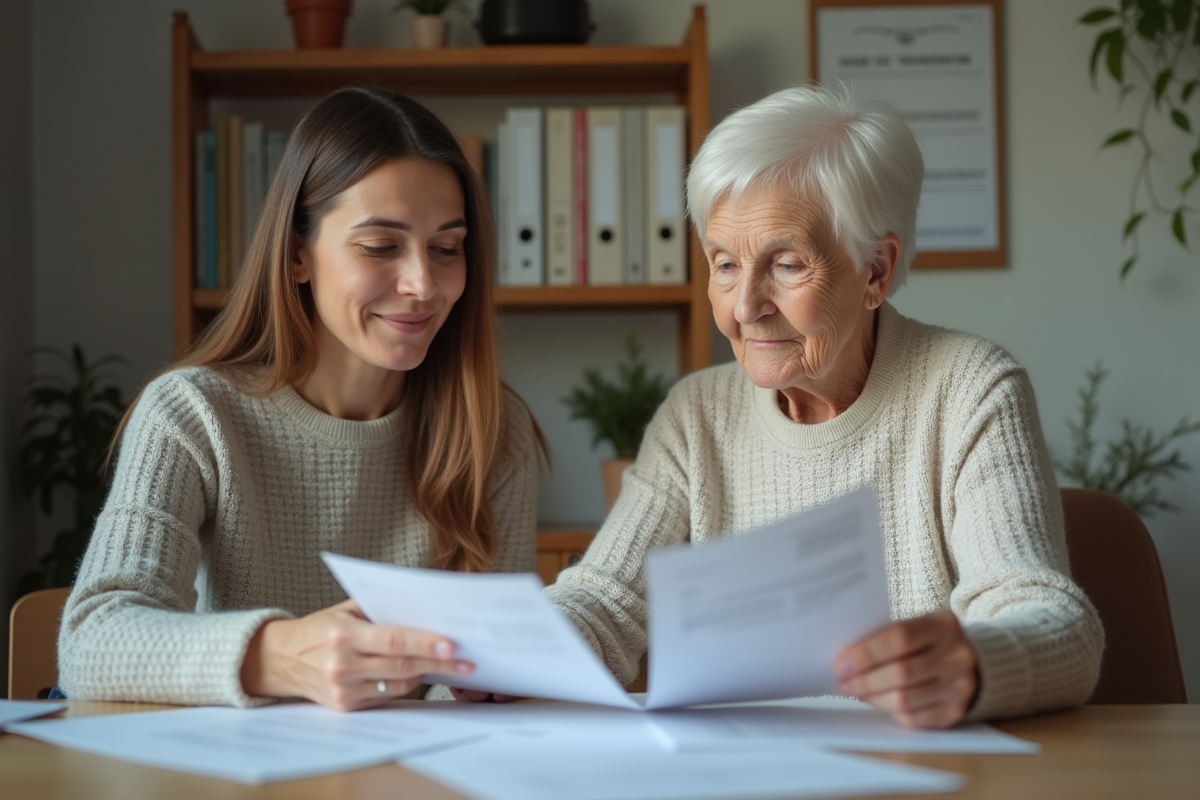 Femme retraitée discutant de papiers avec un adulte dans un bureau
