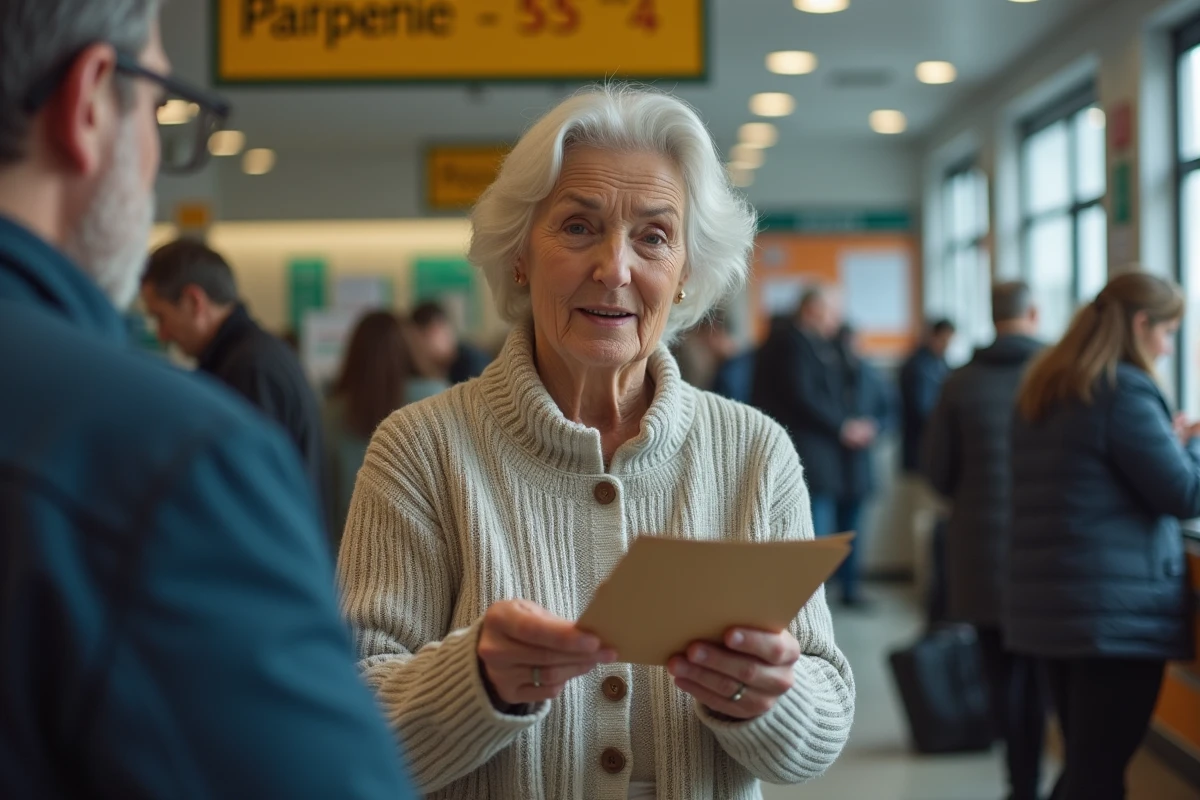 Femme retraitée au guichet d'un bureau de poste européen récupérant sa pension de retraite
