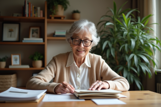 Femme retraitée triant des papiers dans un salon chaleureux