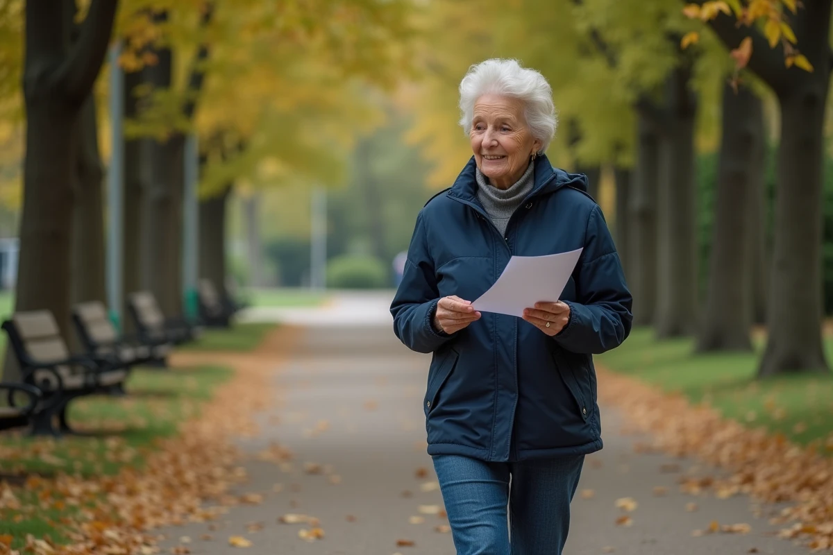 Femme gendarme retraitée marche dans un parc en automne