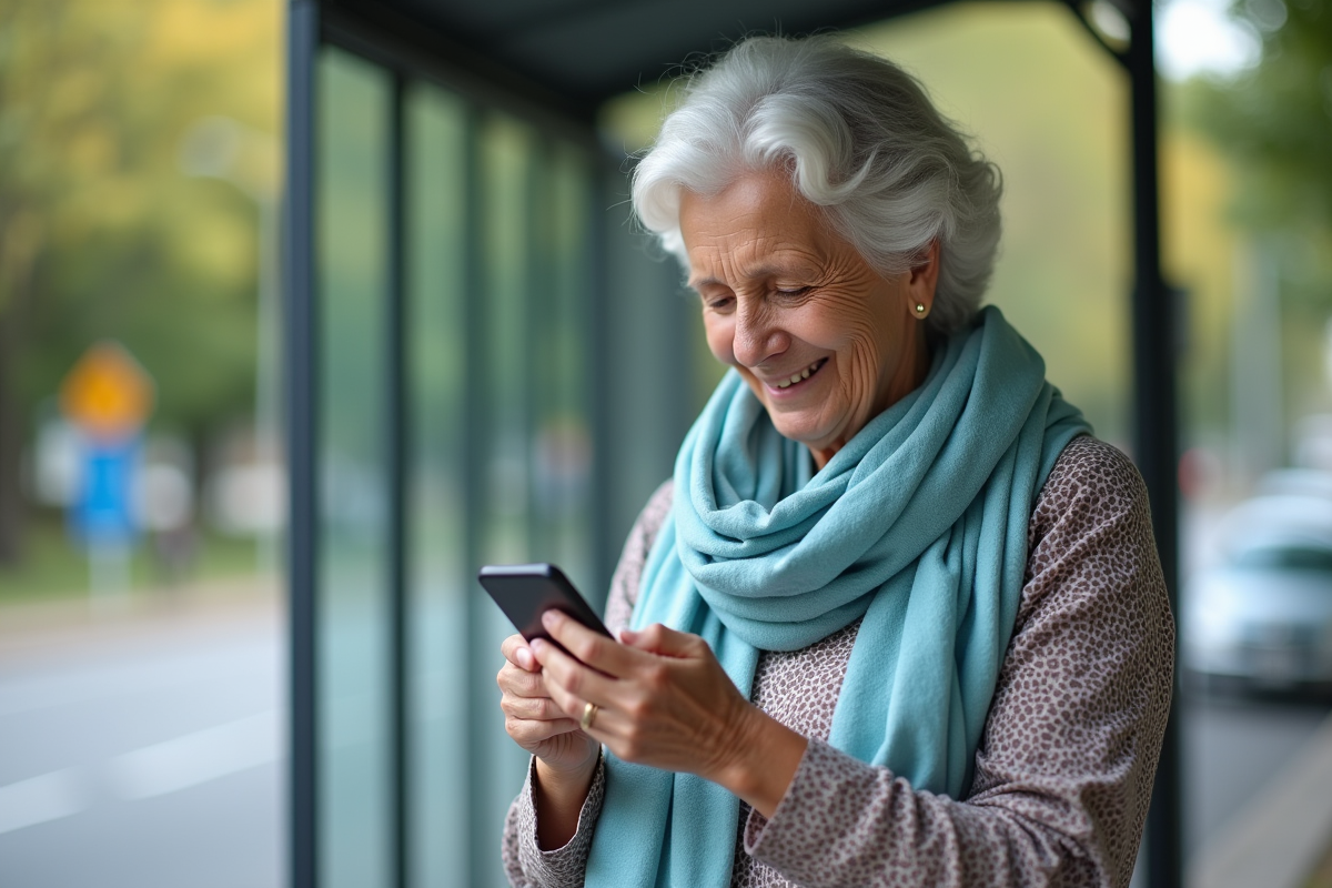 Femme retraitée vérifiant sa notification de pension à un arrêt de bus