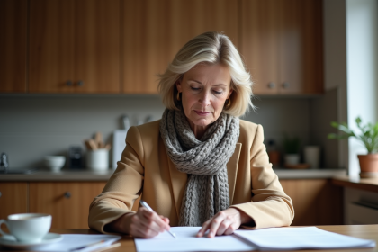 Femme d'âge moyen lit des documents dans une cuisine moderne