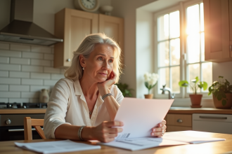 Femme d'âge moyen examine documents financiers à la maison