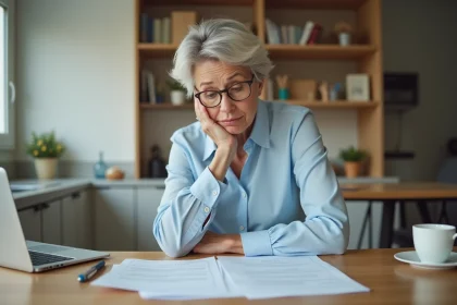 Femme d'&acirc;ge moyen examine documents de retraite &agrave; la maison