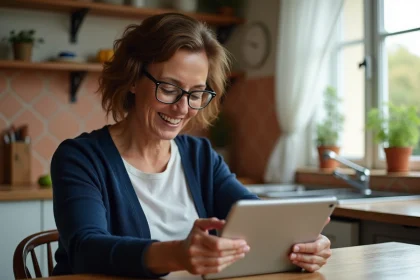 Femme senior souriante utilisant une application de rencontre comme Disons Demain sur une tablette dans sa cuisine
