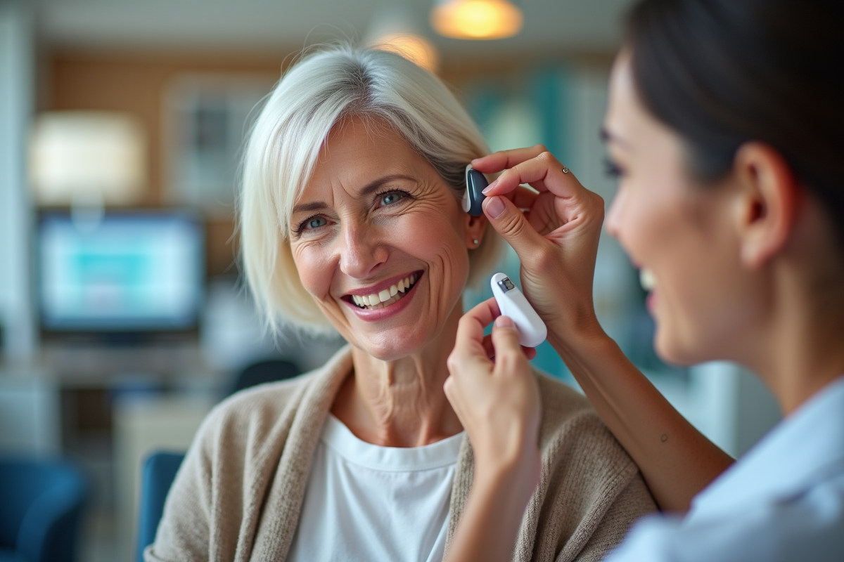 Femme senior souriante avec appareil auditif moderne dans un magasin Amplifon