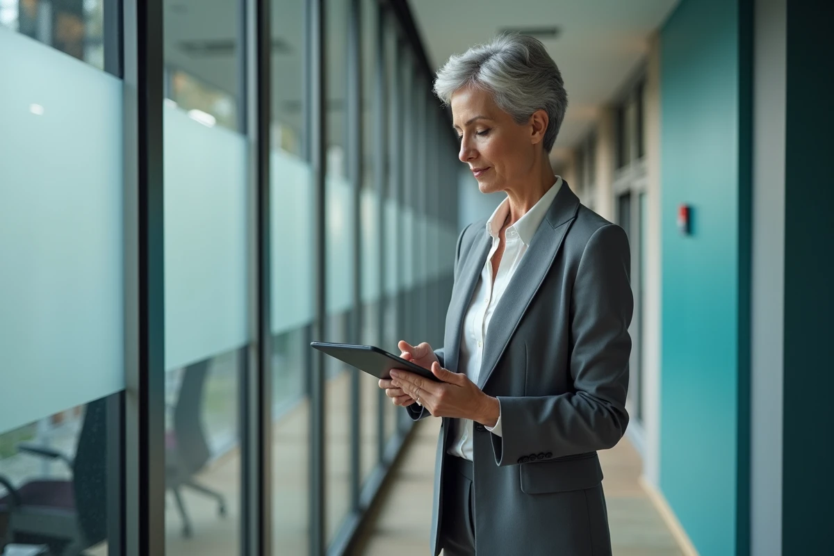 Femme cadre senior consultant une application de planification retraite dans un bureau moderne, stratégie départ anticipé carrière longue