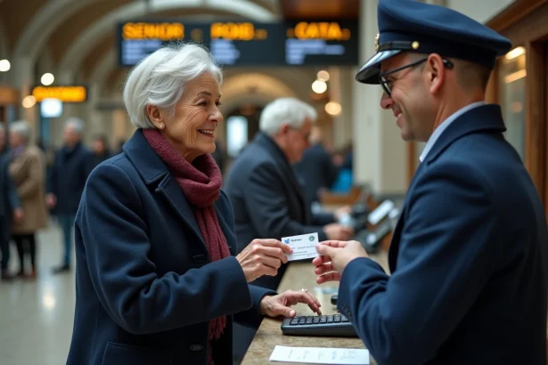 Une femme senior présentant sa Carte Senior à un guichet de gare pour obtenir une réduction sur son billet de train