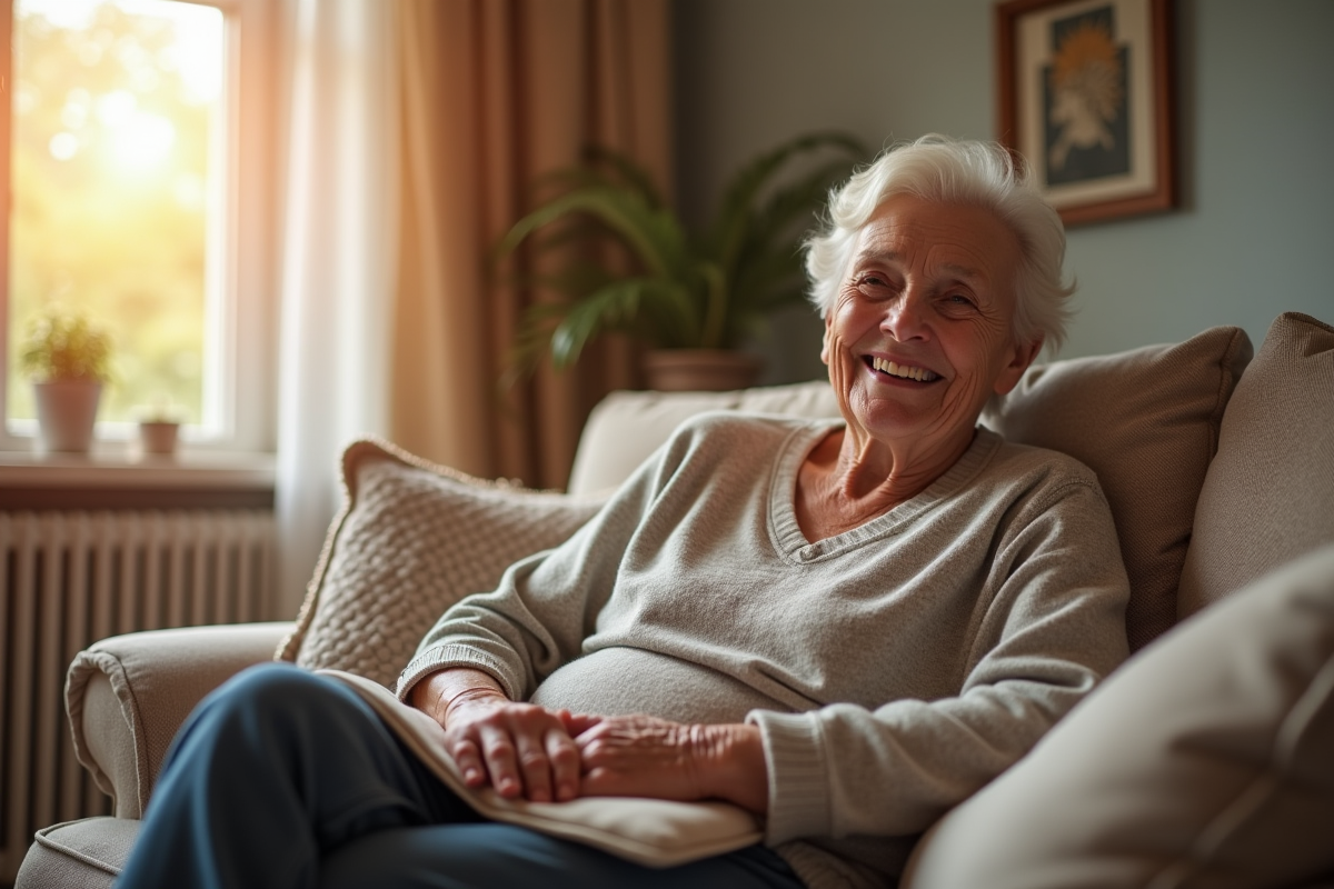 Femme senior souriante avec chauffe-mains sur le genou dans un salon chaleureux