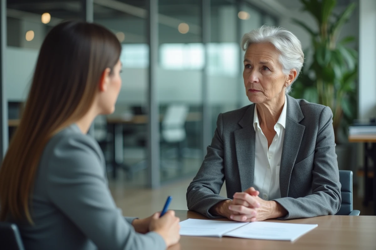 Femme senior en rendez-vous avec un conseiller emploi pour sécuriser ses droits chômage et retraite carrière longue