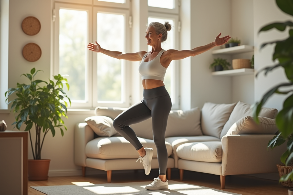 Femme senior active faisant de l'exercice chez elle