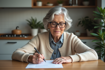 Femme senior remplissant un formulaire dans une cuisine chaleureuse