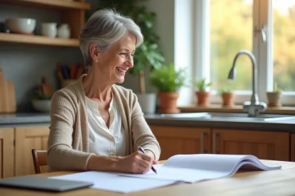 Femme senior souriante lisant des documents dans la cuisine