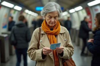 Femme senior examinant un ticket de metro parisien