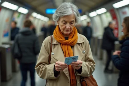 Femme senior examinant un ticket de metro parisien