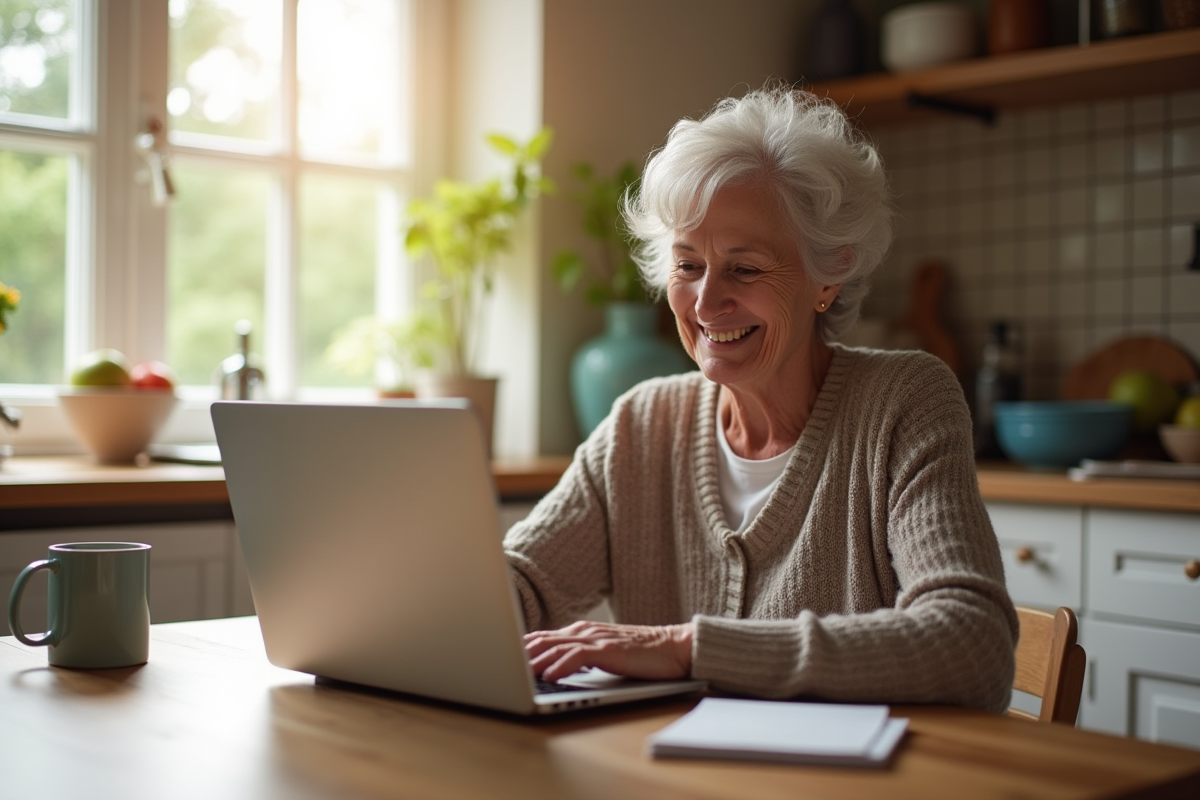 Femme senior souriante utilisant un ordinateur portable à la maison