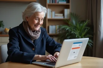 Femme senior souriante utilisant une carte digitale dans sa cuisine