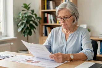 Femme senior de 70 ans consultant ses documents médicaux pour le renouvellement de son permis de conduire