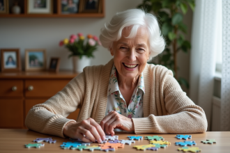 Femme âgée souriante assemble un puzzle coloré à la maison