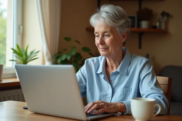 Femme senior de 60 ans utilisant un ordinateur portable pour rechercher un emploi sur internet à domicile