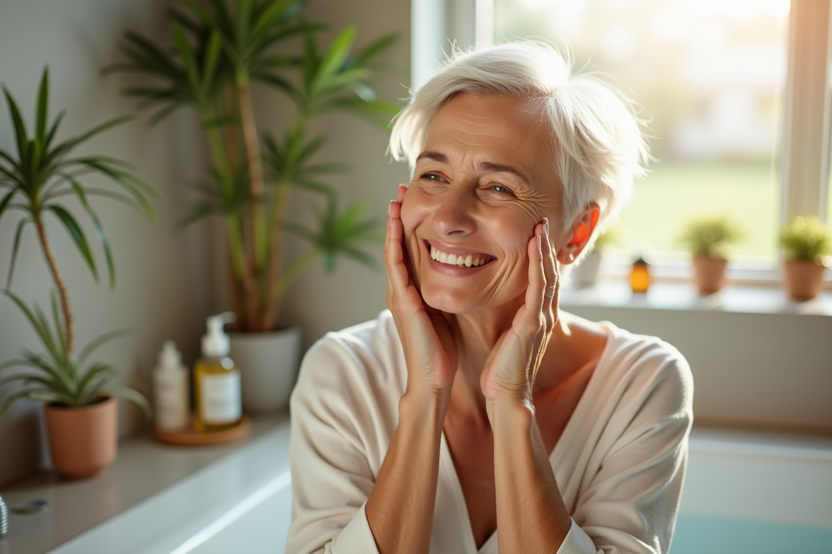 Femme senior souriante appliquant de l'huile sur le visage