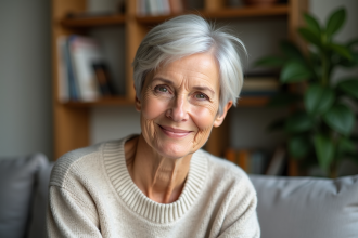 Femme de 60 ans souriante avec coupe courte élégante