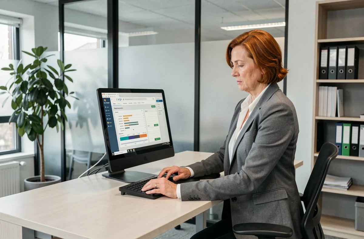Femme cadre de 55 ans consultant un simulateur de retraite anticipée à taux plein sur un ordinateur de bureau