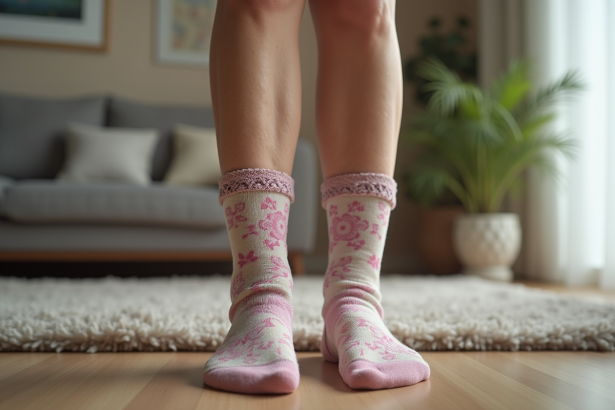 Femme âgée portant des chaussettes antidérapantes colorées