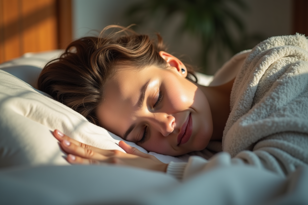 Femme d'âge moyen dormant paisiblement avec aide auditive
