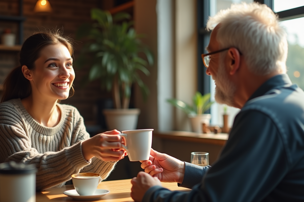 Jeune femme souriante offrant un café à un homme âgé