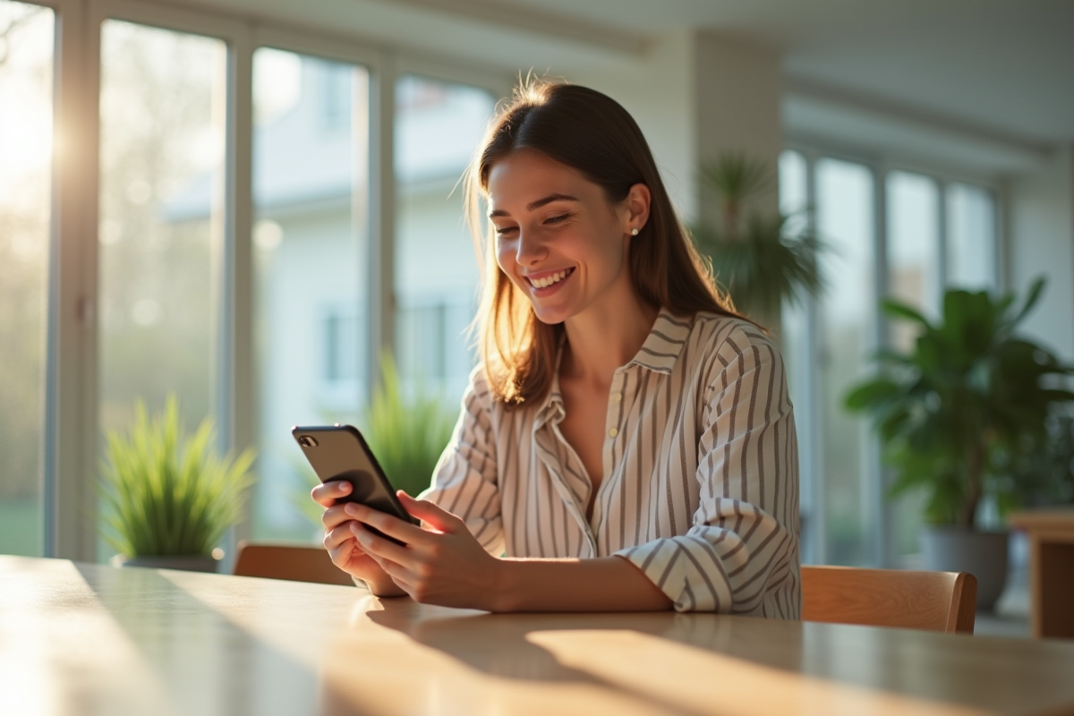 Jeune femme souriante utilisant un smartphone Samsung dans une cuisine lumineuse
