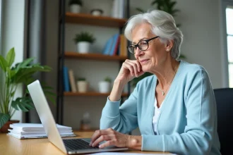 Femme d'une soixantaine d'années travaillant sur un ordinateur dans un bureau moderne