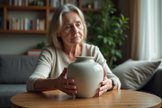 Femme contemplant une urne en céramique dans un salon