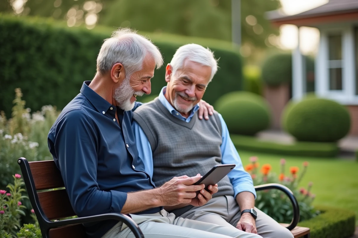 Fils et p&egrave;re dans le jardin avec tablette en main