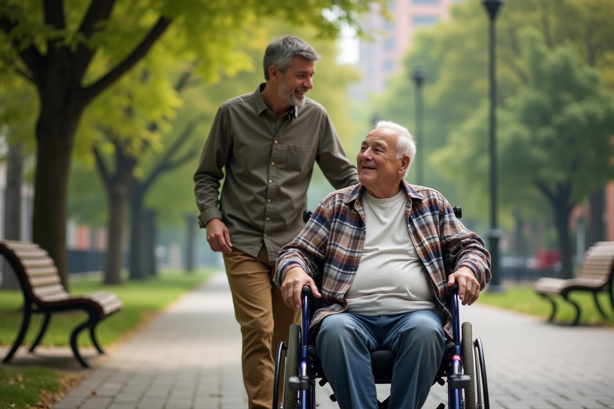 Fils poussant son père en fauteuil dans un parc verdoyant