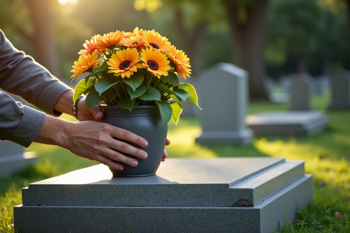 Mains posant un pot de fleurs coloré sur une tombe en granit