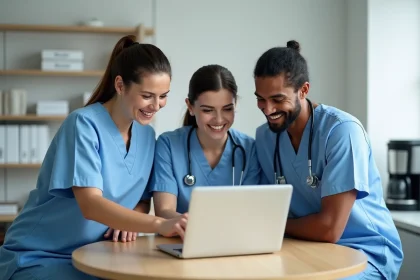 Équipe soignante en formation interne autour d'un ordinateur portable dans la salle de pause d'un établissement de soins