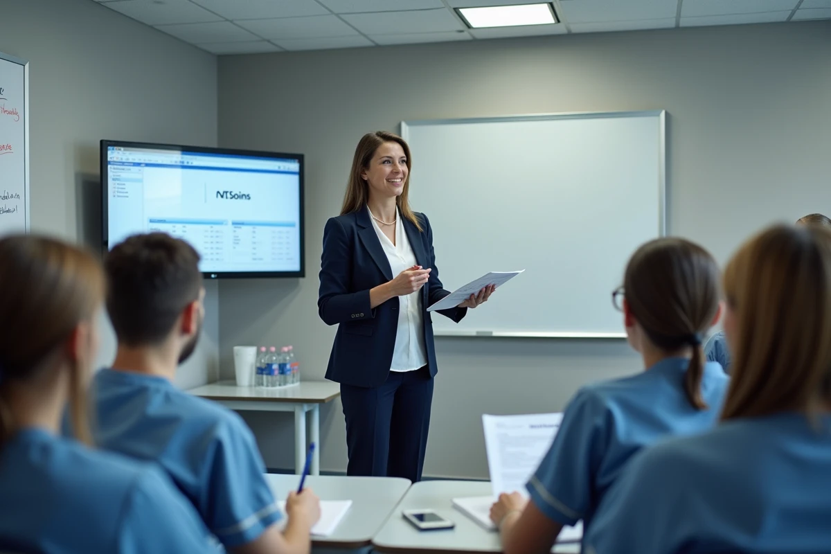 Formatrice présentant le logiciel NETSoins à une équipe soignante lors d'une session de formation en salle