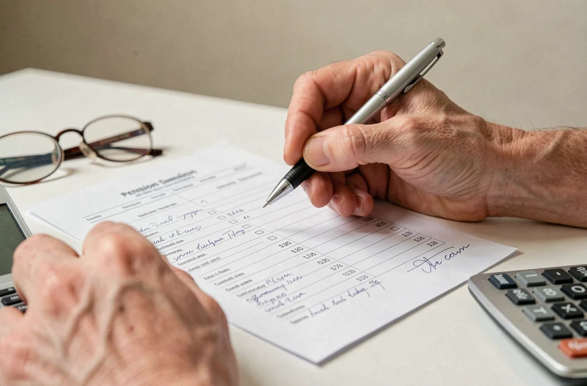 Gros plan sur des mains annotant un formulaire de simulation de pension retraite avec calculatrice et lunettes sur un bureau blanc