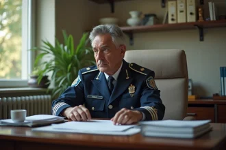 Gendarme masculin en uniforme examine des documents de retraite