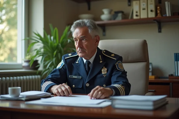 Gendarme masculin en uniforme examine des documents de retraite