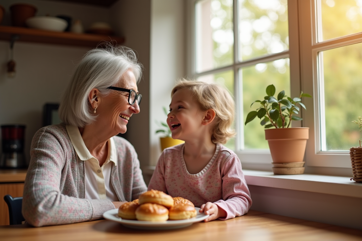 Une grand-mère souriante partage des pâtisseries belges avec son petit-enfant