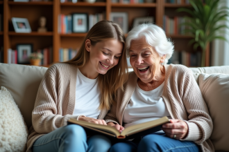 Sourire d'une grand-mere et sa petite fille regardant un album photo